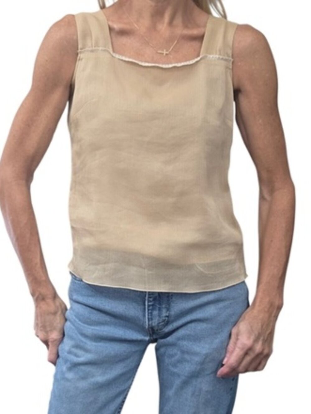 Cordier Sheer Beige Tank Top Size 40 M Lace Trim Square Neck Lined